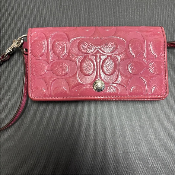 Coach Handbags - Coach Pink Patent Leather Signature Wristlet